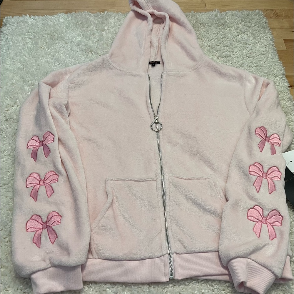 Sweaters Juniors XS Pink Ribbons Zip Up Fleece Sweater NWT
